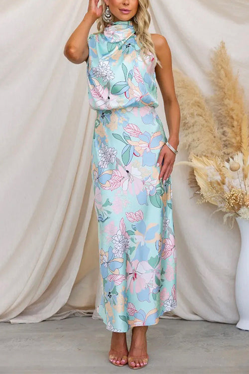 Alure - Tie Neck Floral Printed Maxi Satin Dress